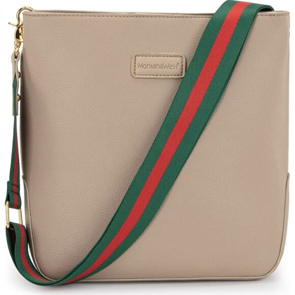 Montana West Handbags - Montana West Purse Cream With Green & Red Strap Purse 12”x10” - NWT